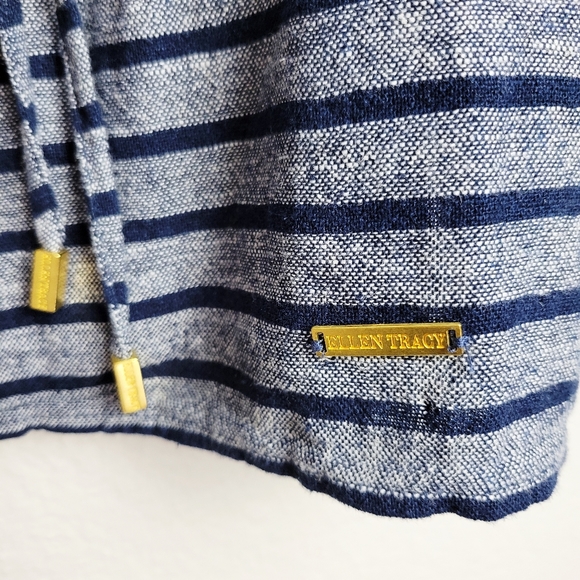 Ellen Tracy | Navy Peplum Off Shoulder Stripe Linen Blend Top - Picture 6 of 10